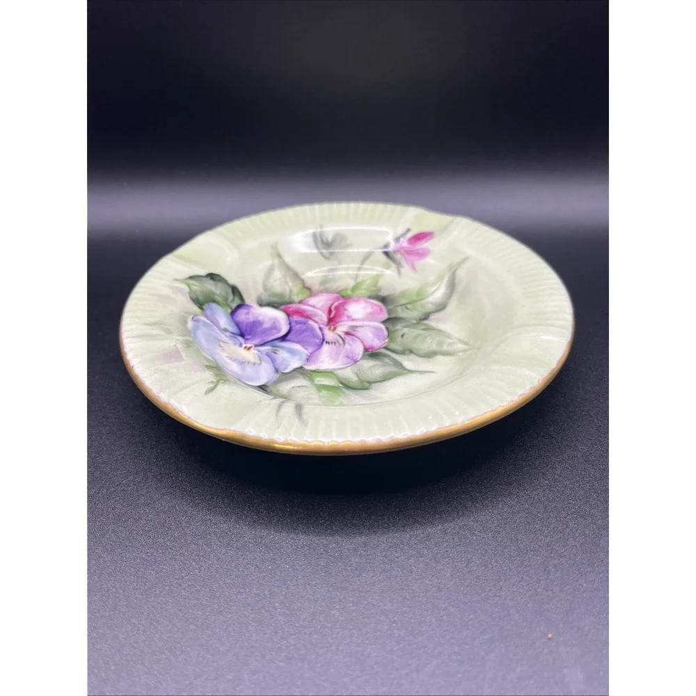 Vtg Green Ashtray w/ Flowers Victorian Hand Painted Trinket Dish 5